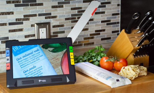 Photo shows the full-page camera displaying small type on a packet being used to cook