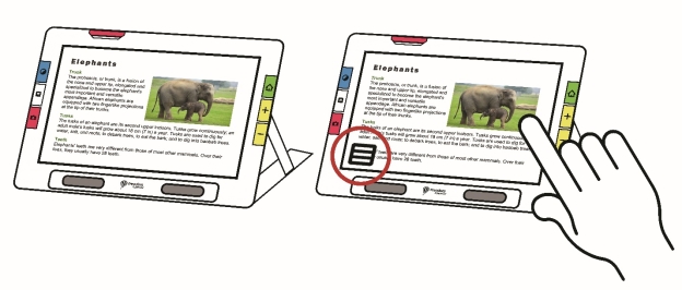 A drawing that show how tapping the RUBY 10 screen results in the display of software buttons