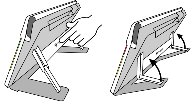 Drawing of someone pressing on the Freedom Scientific on the back bar of RUBY 10 to close the stand