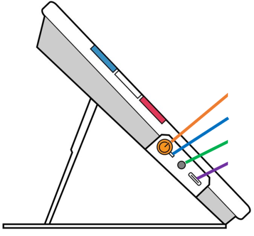 A drawing of a the left side of RUBY 10 with the four elements noted: Power button, charging LED, audio jack, and USB-C port.