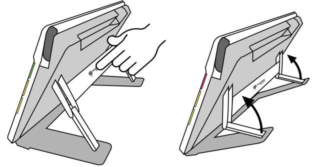 Drawing of someone pressing on the Freedom Scientific on the back bar of RUBY 10 to close the stand