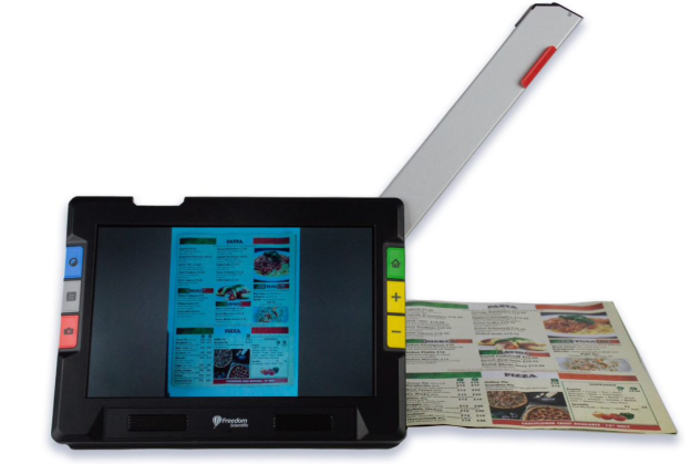 Photo of the device with the full-page camera extended and a paper under it, which is displayed on the screen.